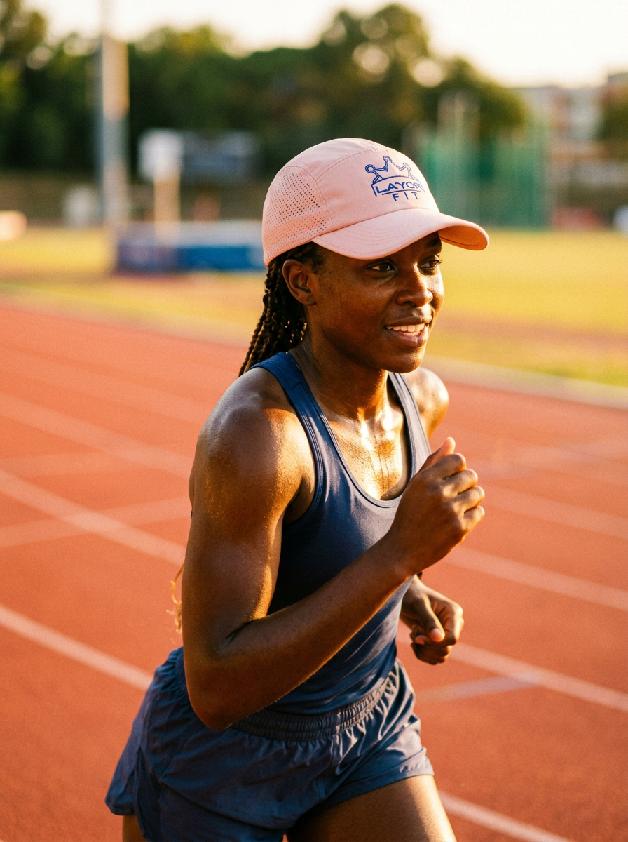 Layor Fit — Pink Crown Cap on track at sunset