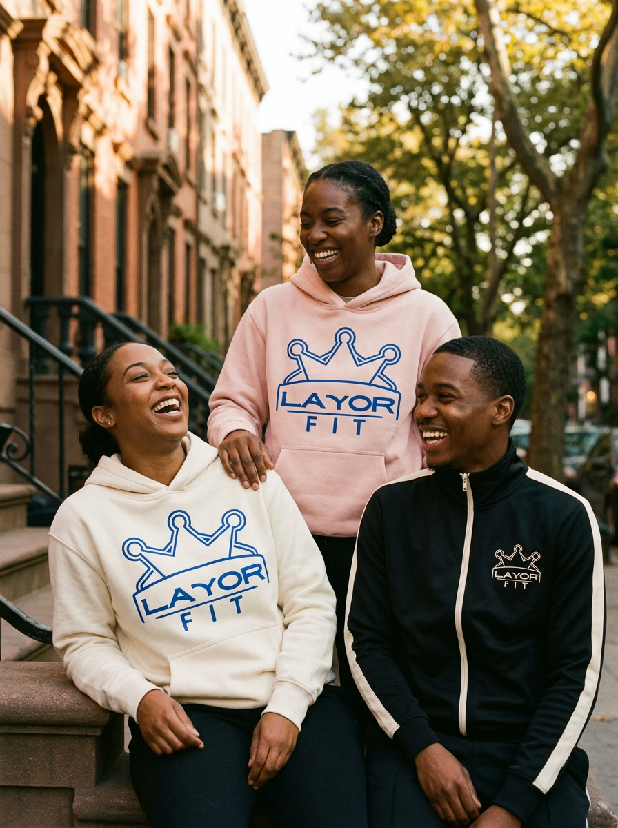 Layor Fit — friends in mixed earth tones on a stoop