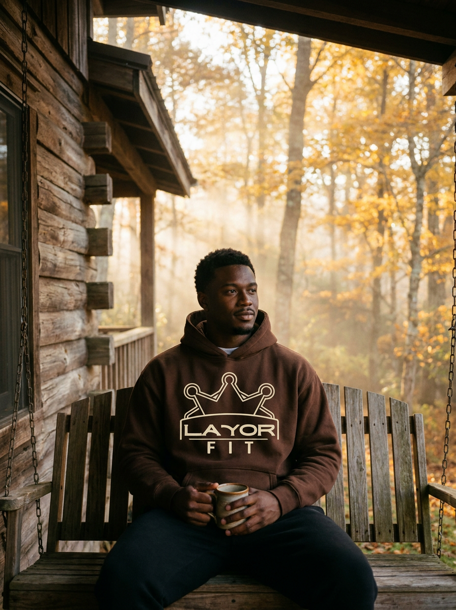 Layor Fit — Brown hoodie on cabin porch