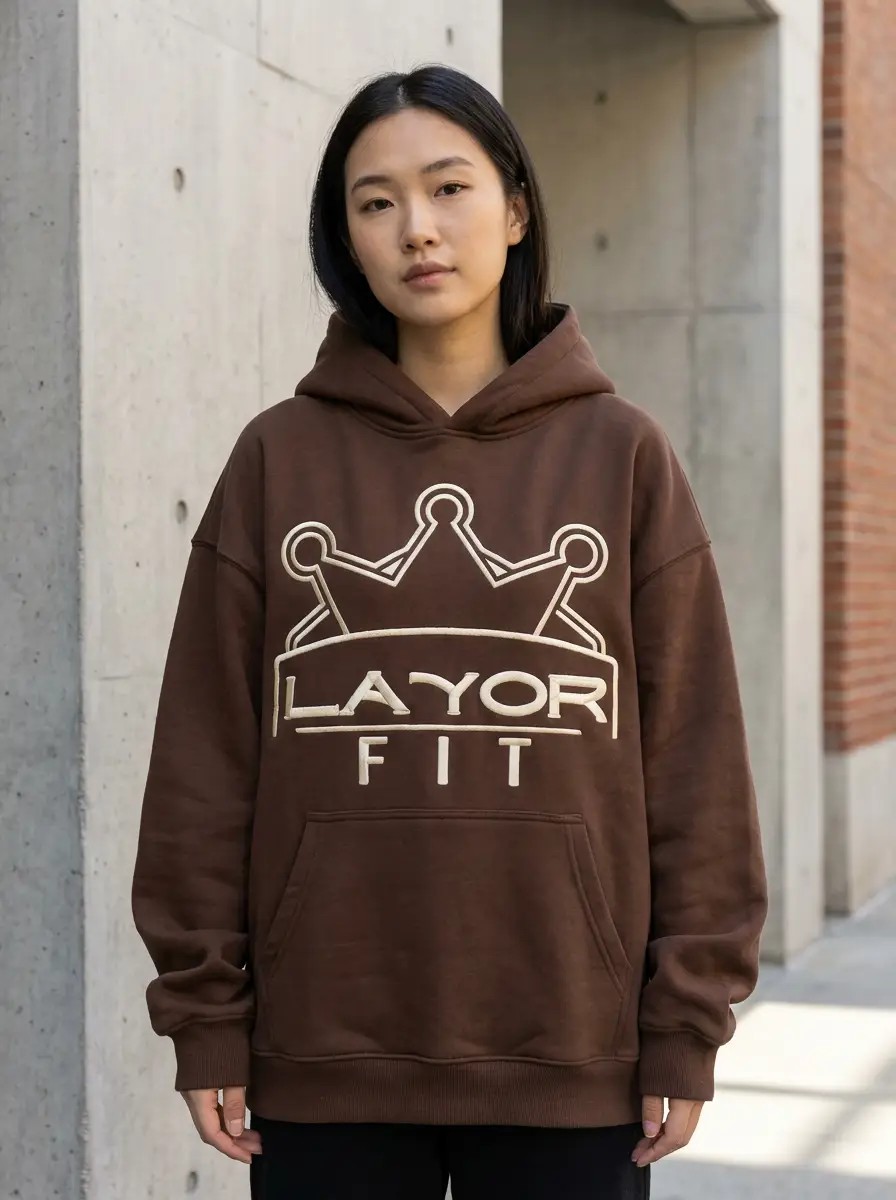 Layor Fit, Brown hoodie on cabin porch