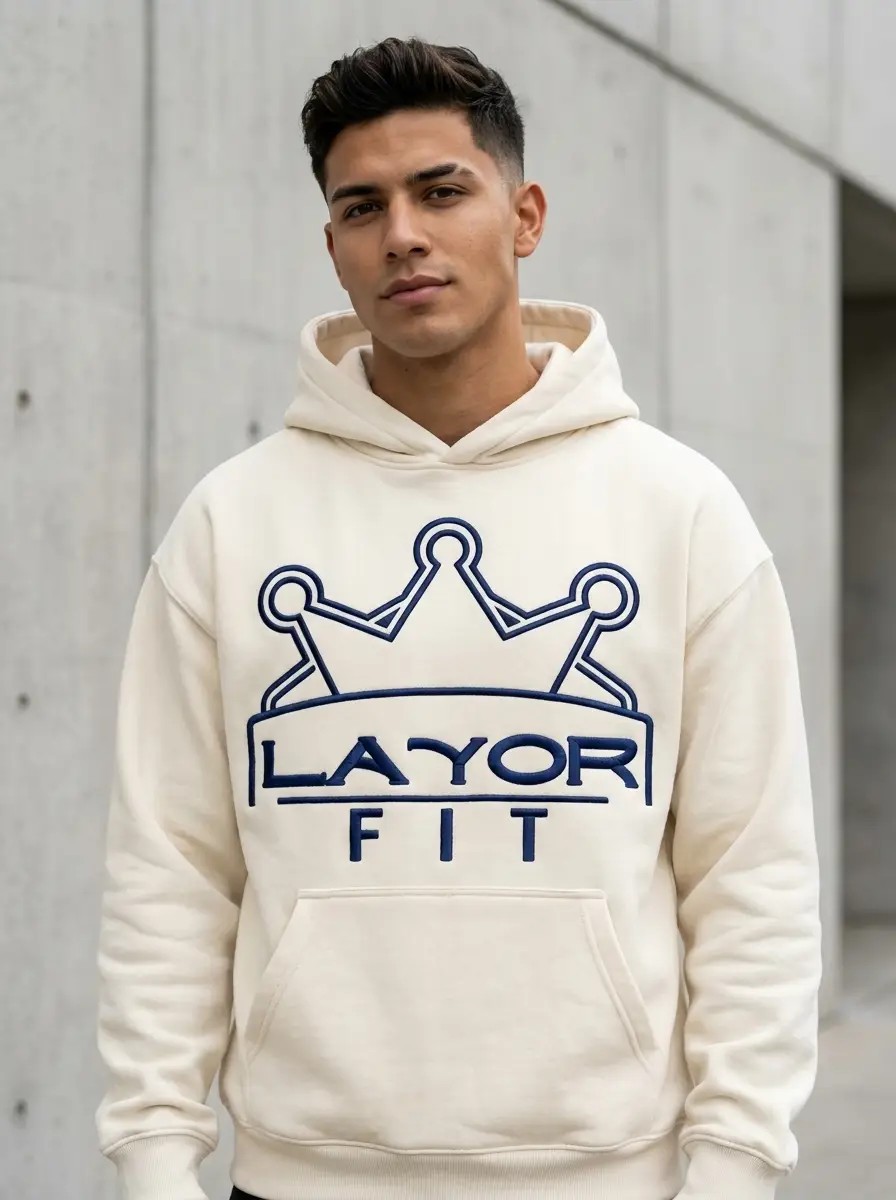 Layor Fit, Cream Decade Hoodie against sunlit stucco wall
