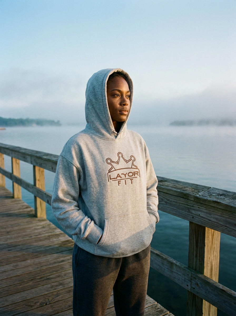Layor Fit — Hoodie in grey on a misty dock