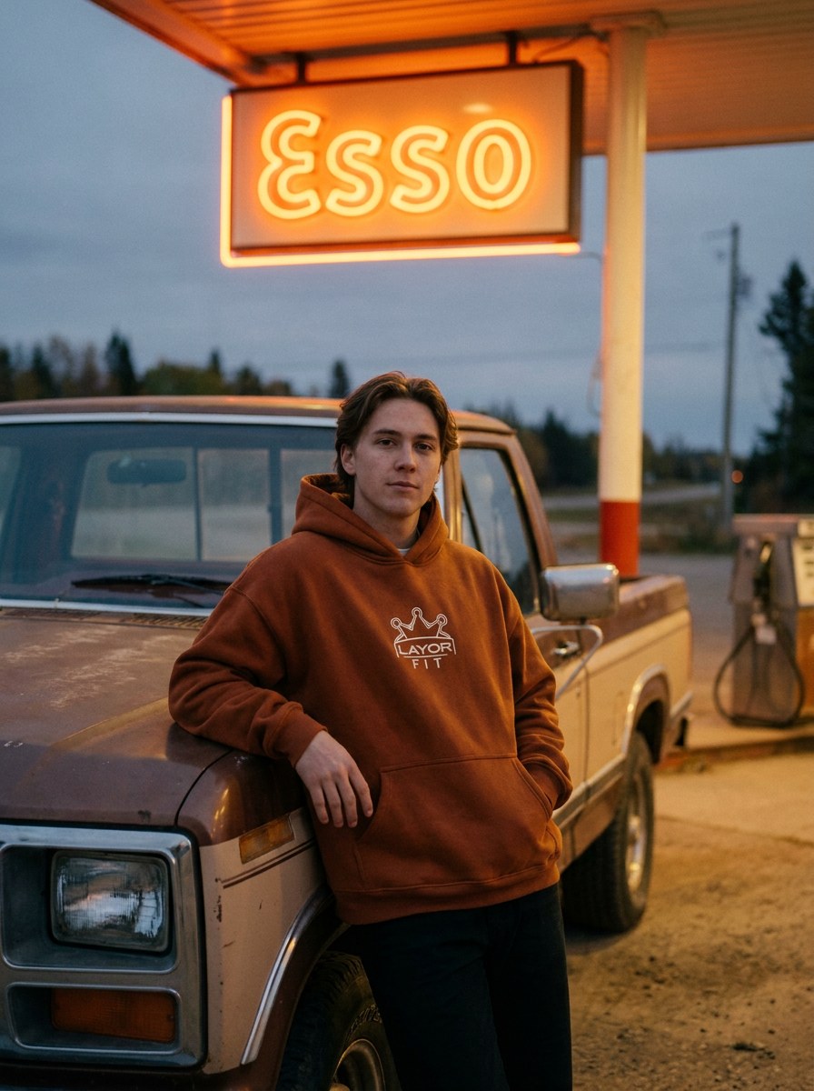 Layor Fit — Rust hoodie at the gas station