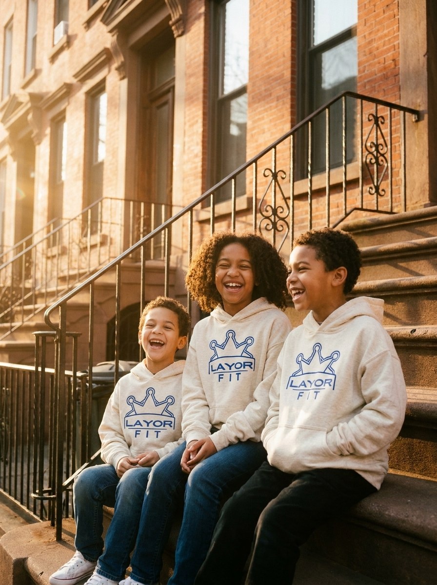 Layor Fit — kids' hoodies on the stoop