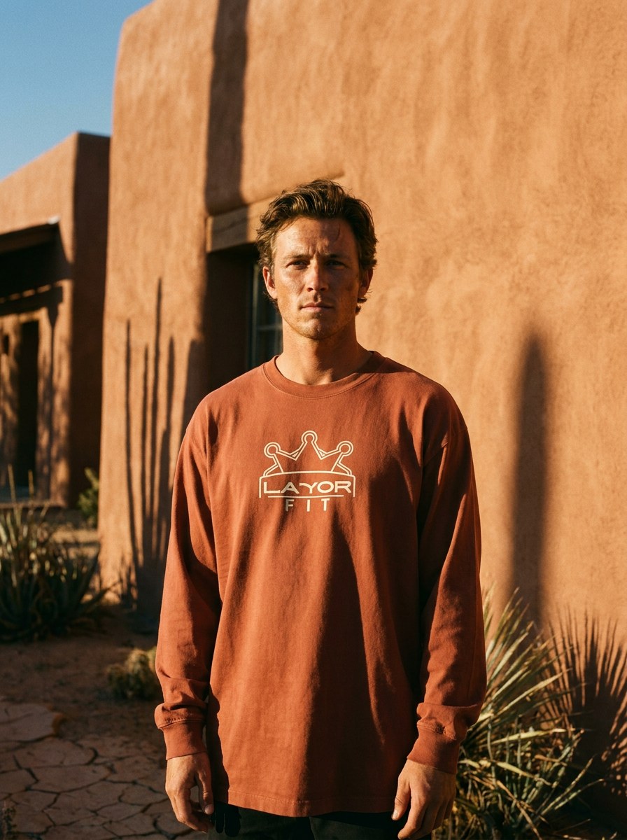 Terracotta long-sleeve at adobe wall