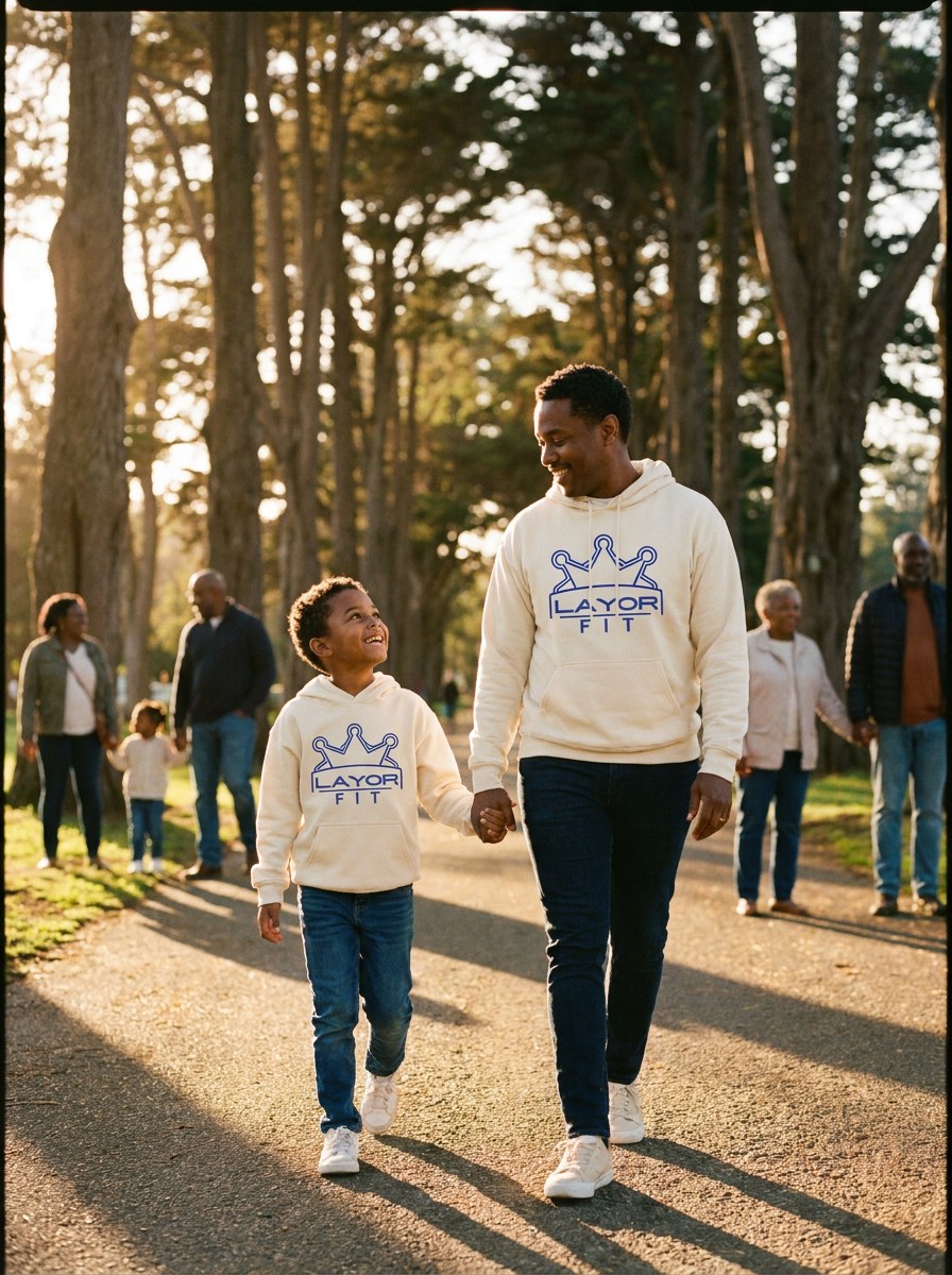 Layor Fit — parent and child in matching cream hoodies