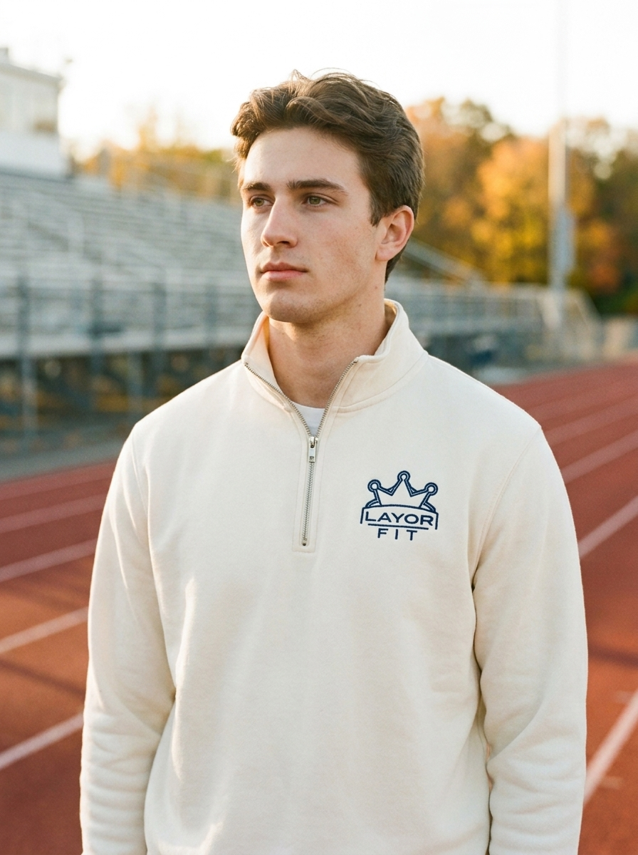 The Cotton Quarter-Zip in cream on the running track