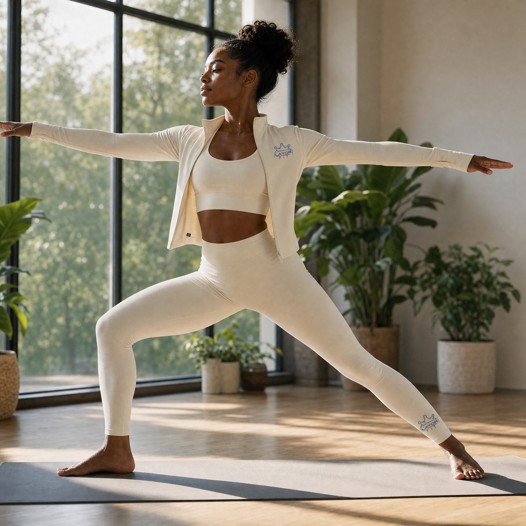Layor Fit — Cream 3-Piece Set yoga warrior pose
