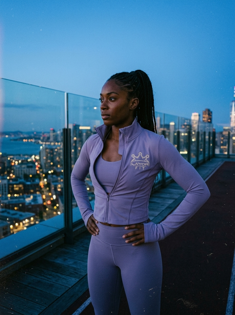Layor Fit — Purple 3-Piece Set rooftop city dusk