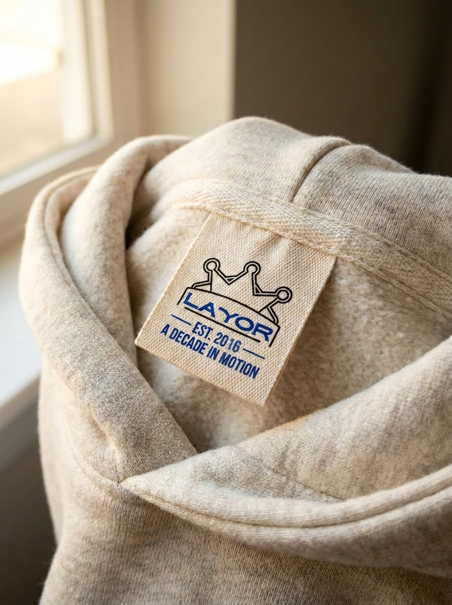 Layor Fit inside-tag detail — Est. 2016, A Decade in Motion