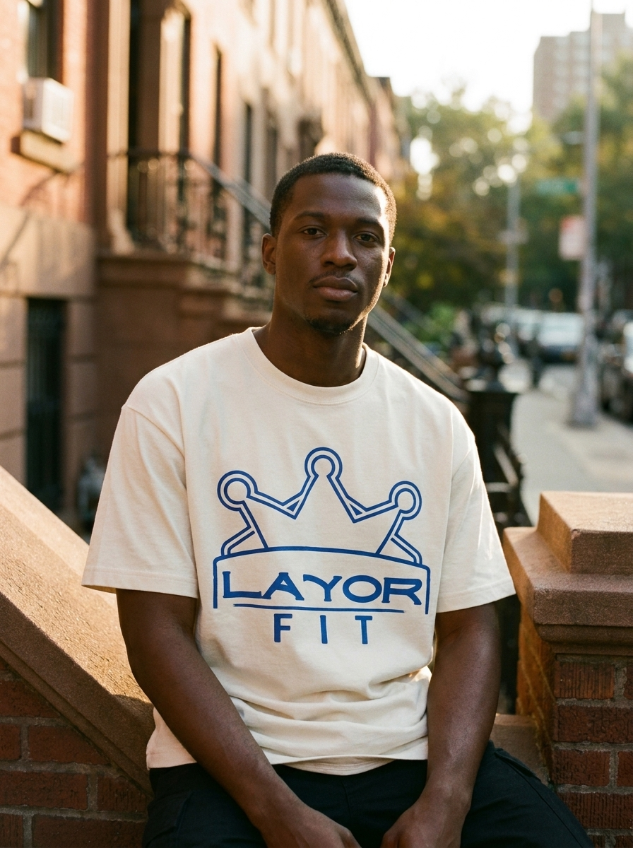 Layor Fit — Layor Tee on a Brooklyn stoop