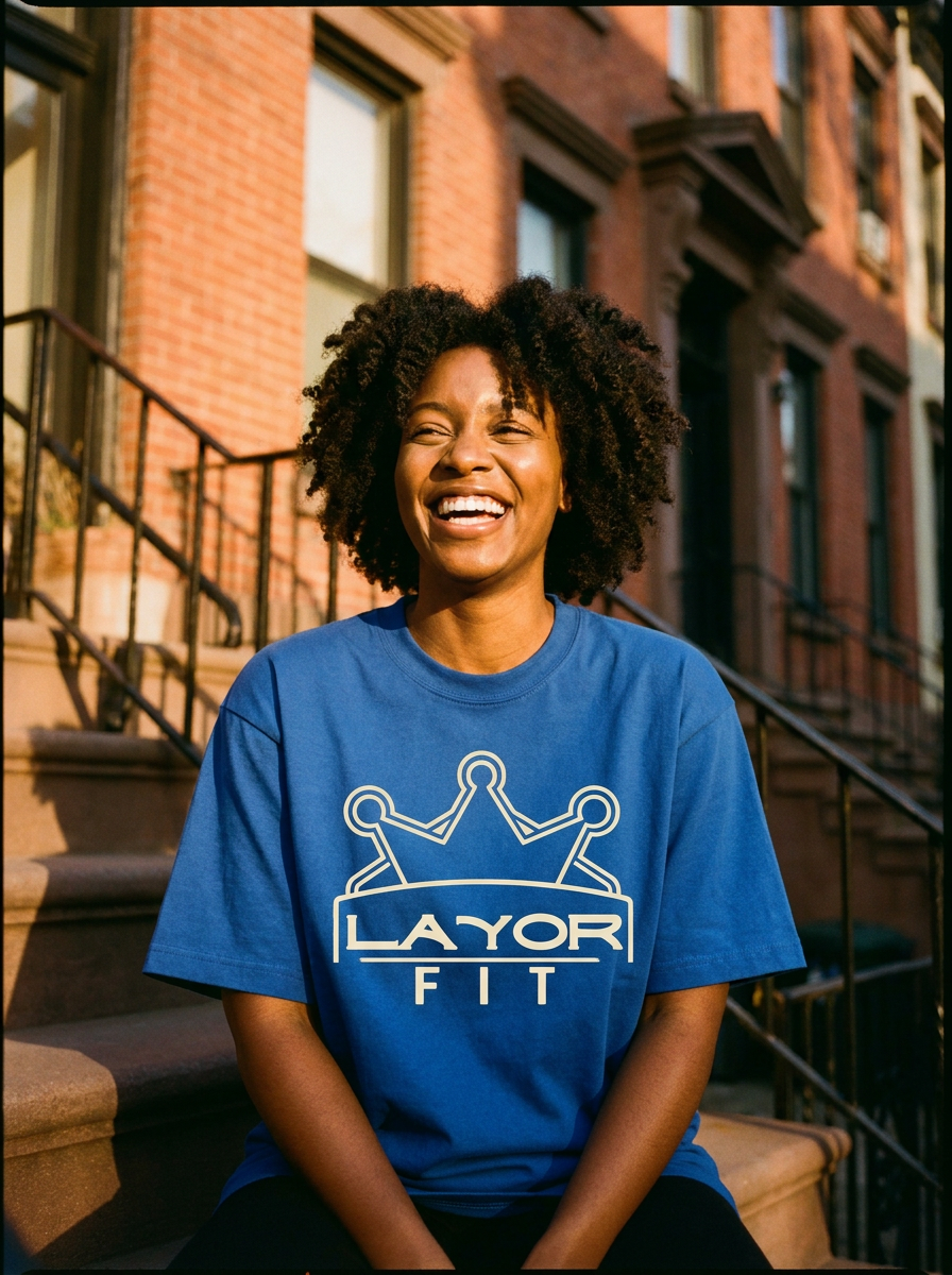 Layor Fit — Royal blue tee on stoop