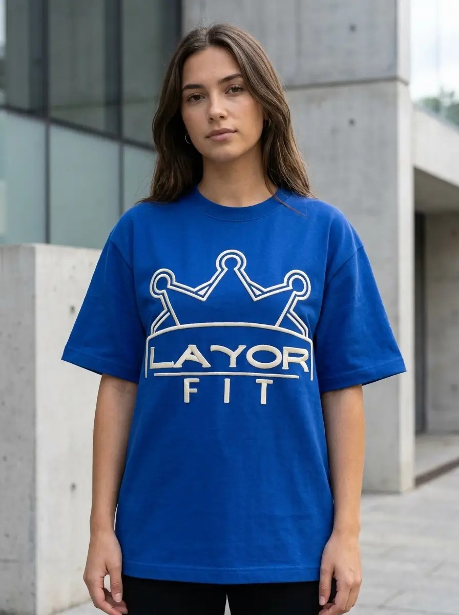 Layor Fit, Royal blue tee on stoop