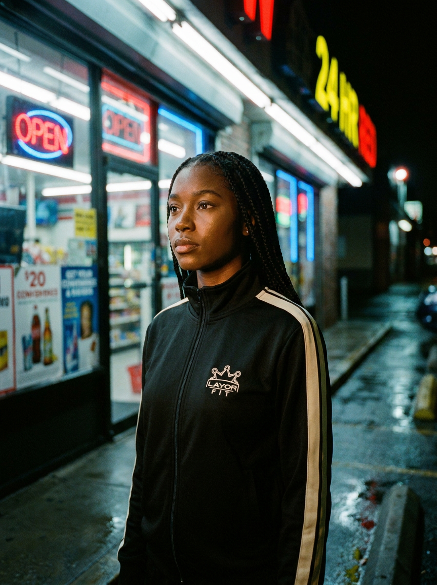 Black track jacket under neon convenience store