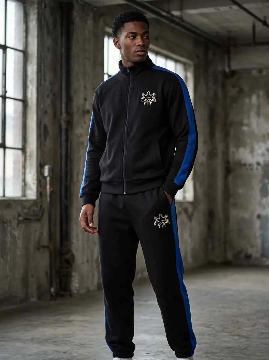 Black track jacket under neon convenience store