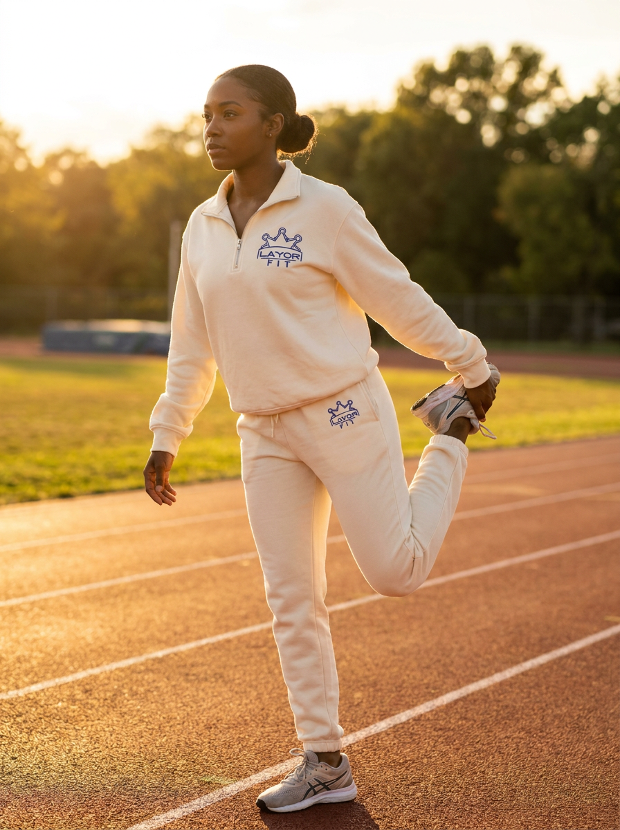Layor Fit — Cream tracksuit on the track at sunset