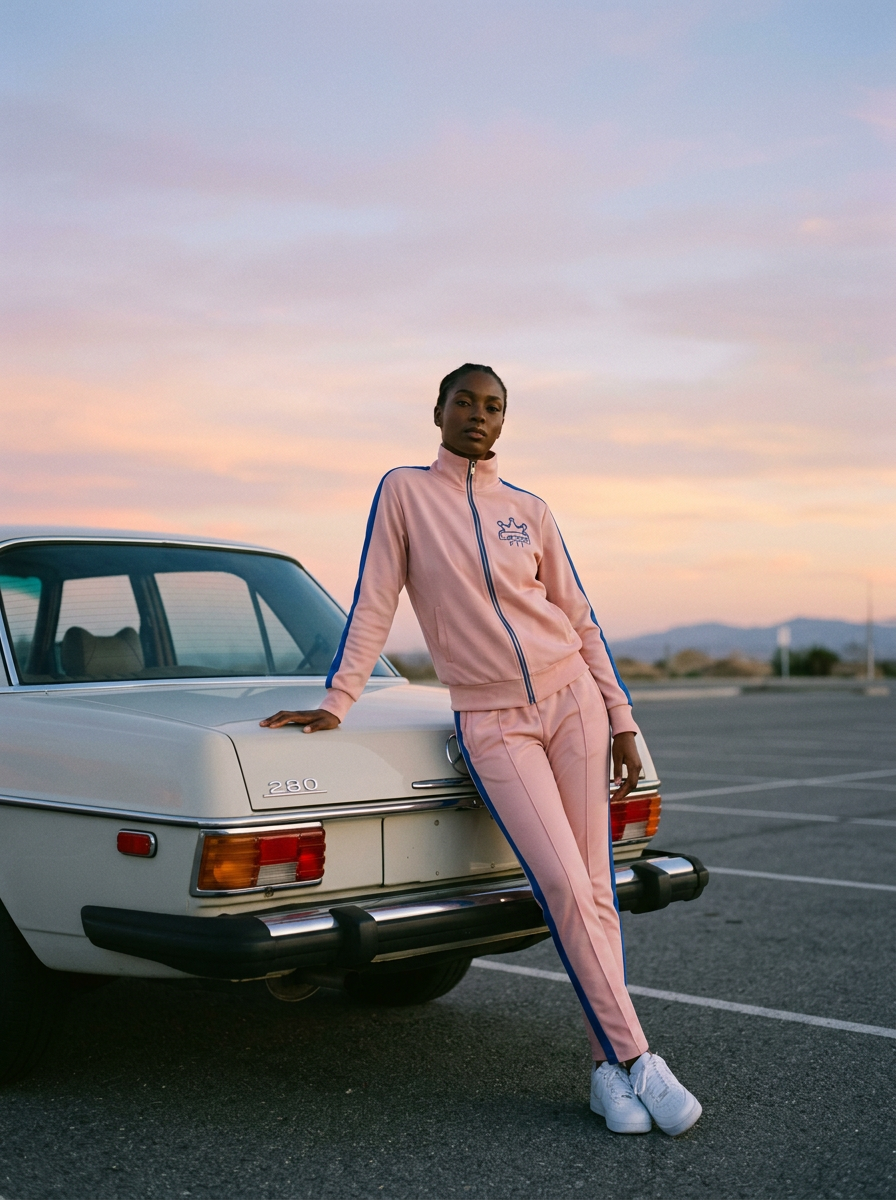 Layor Fit — Pink tracksuit Mercedes 280 sunset