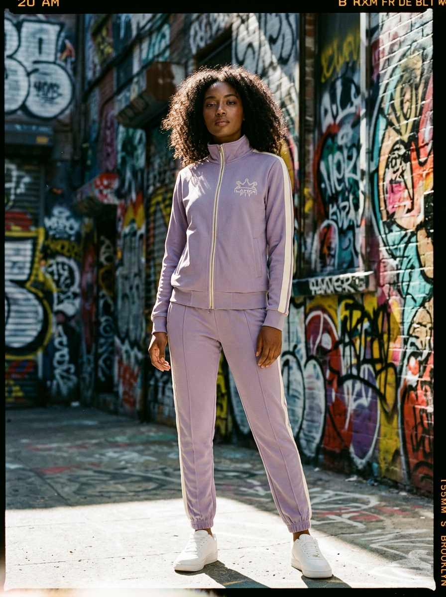 Layor Fit — Purple tracksuit graffiti alley