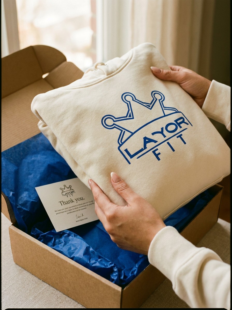 Layor Fit preorder unboxing — kraft mailer, royal blue tissue, thank-you card